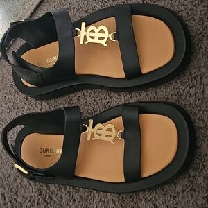 Burberry Black Leather Slingback Sandals with Gold TB Logo